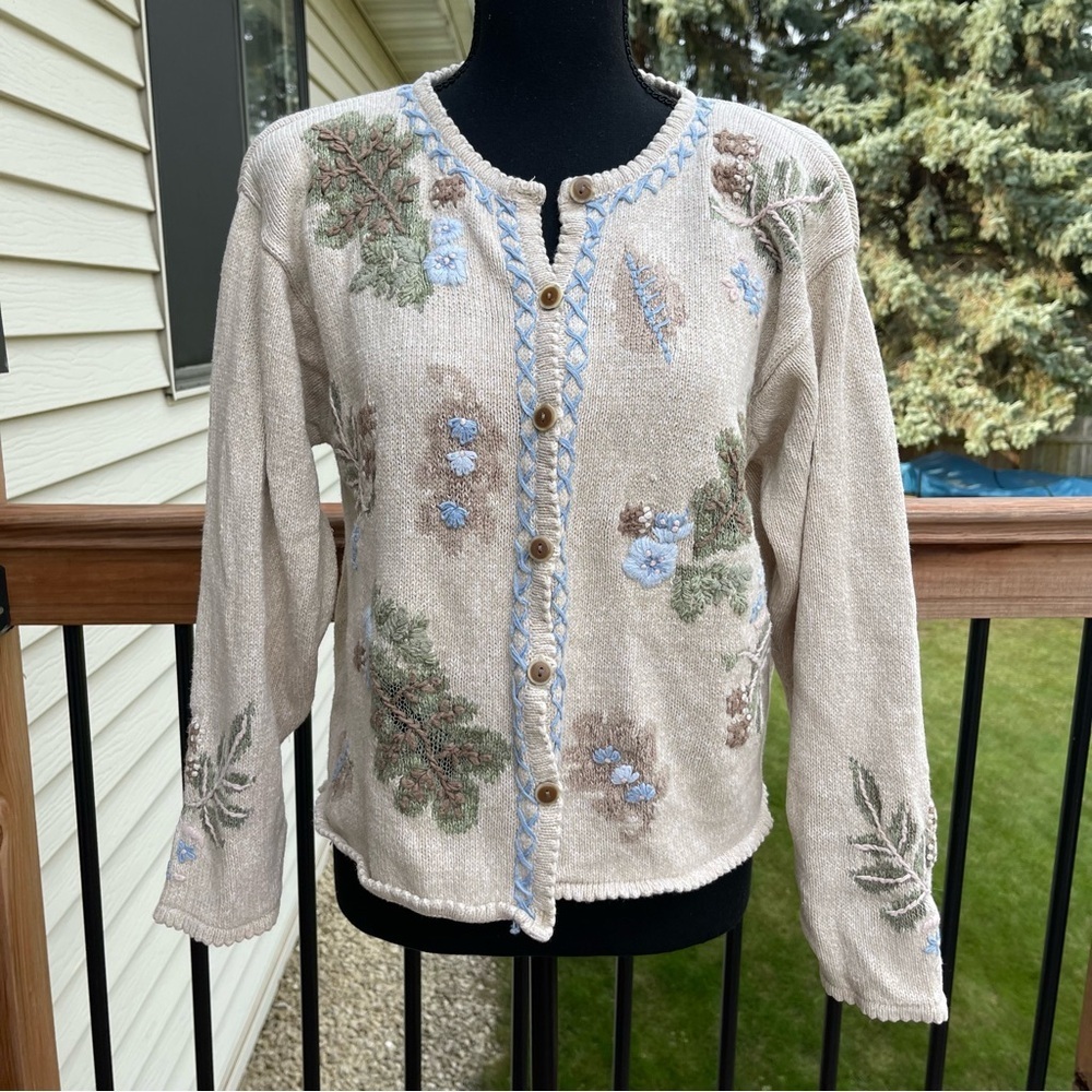 Jantzen Beige Cardigan Sweater with Blue and Green Floral Embroidery